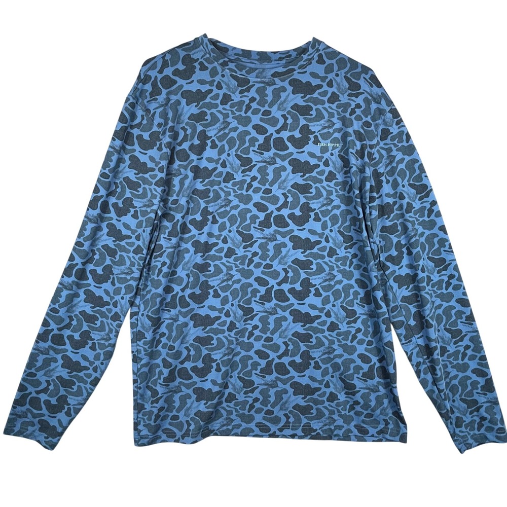 Fish Hippie Mens Blue Camo Fly Fishing Lure Performance Long Sleeve Shirt L